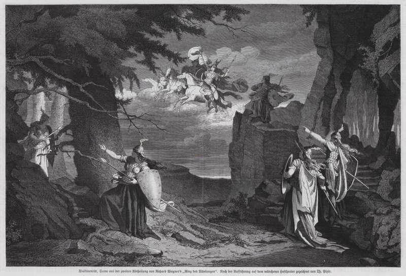 The Ride of the Valkyries, scen från Die Walkure, den andra operan i Richard Wagners Der Ring des Nibelungen, uppförd på Nationalteatern, München (gravyr) av European School