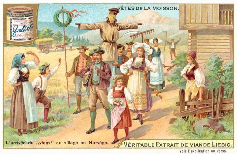 Ankomsten av "den gamle mannen" till en by i Norge (chromolitho) av European School