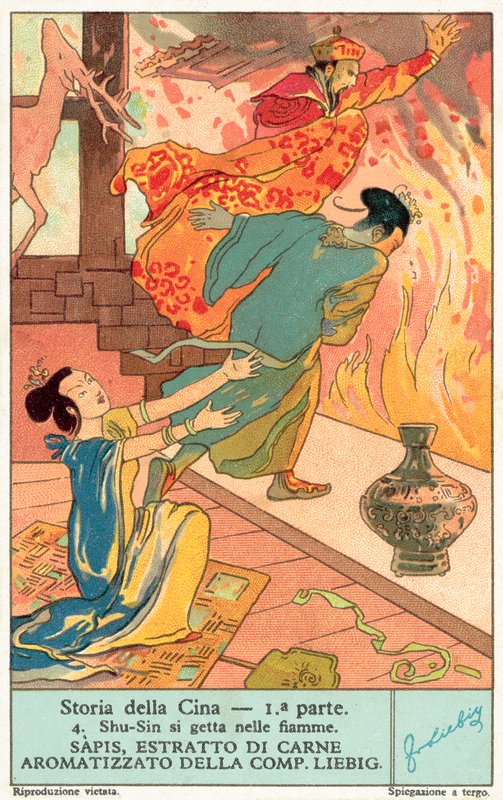 Kung Zhou av Shangs självmord (chromolitho) av European School