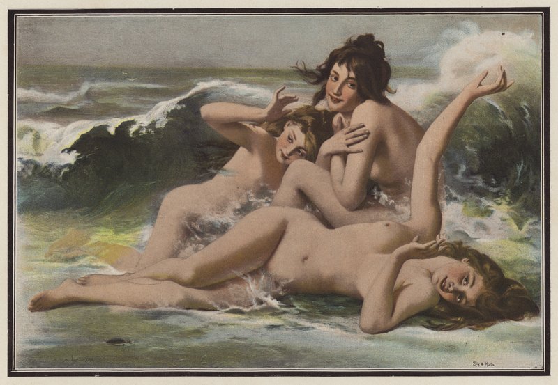 Tre kvinnor bland vågorna (färg litho) av European School