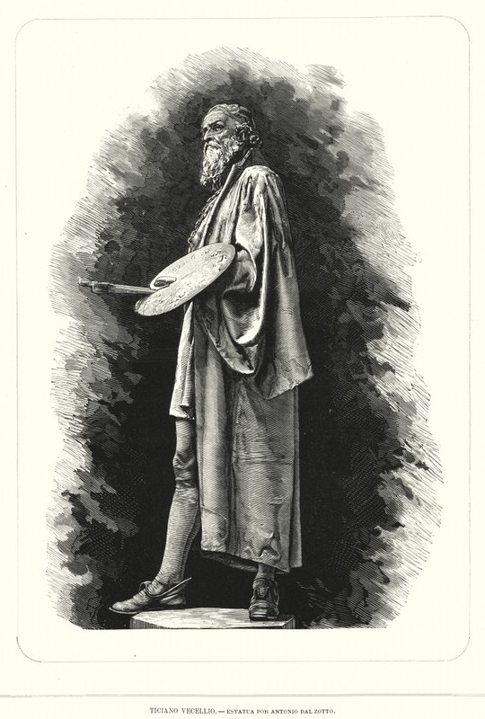 Tizian, italiensk renässanskonstnär, staty av Antonio dal Zotto (litho) av European School