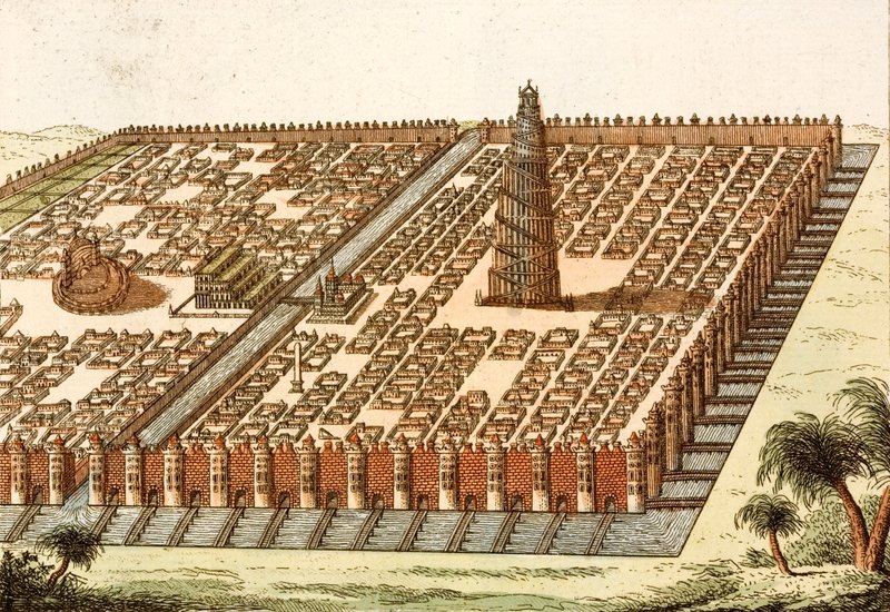 Babels torn, kungliga palatset och Babylons hängande trädgårdar (färgad gravyr) av European School