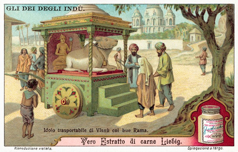 Transportabel idol av Vishnu med oxen Rama (chromolitho) av European School