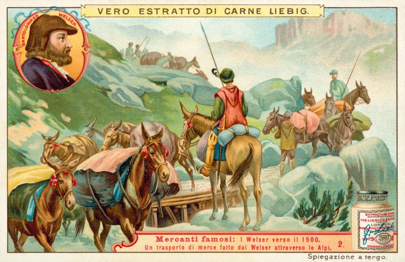 Transport av varor tillverkade av Bartolomeus Welser över Alperna (chromolitho) av European School