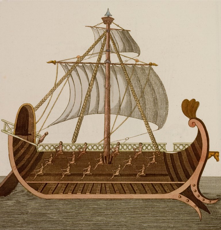 Trireme, krigsskepp som användes av de gamla fenekerna, grekerna och romarna (färgad gravyr) av European School