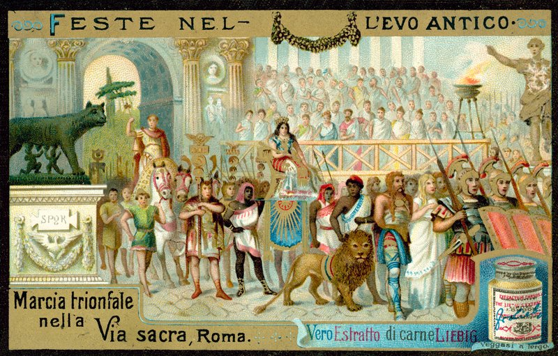 Triumfmarsch längs Via Sacra, Rom (chromolitho) av European School