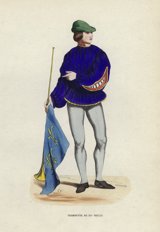 1400-talstrumpet (färgad gravyr) av European School