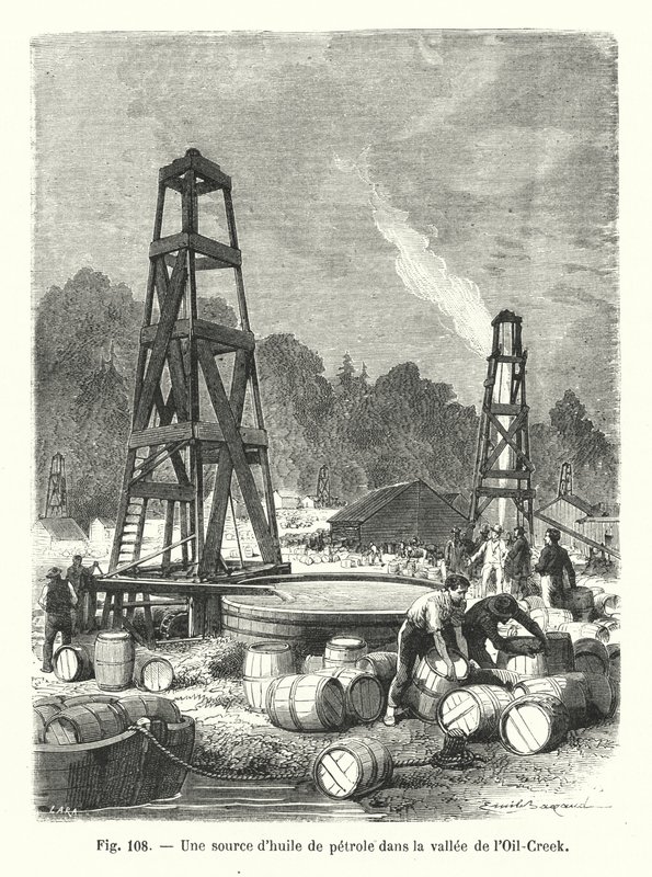 En källa till petroleumolja i dalen Oil-Creek (gravyr) av European School