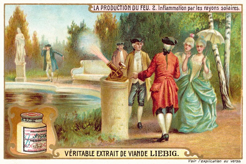 Använda solens strålar för att tända en eld (chromolitho) av European School