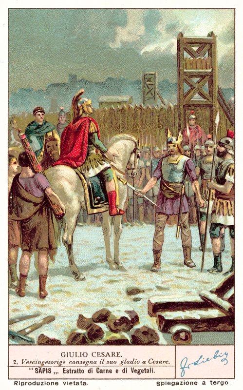 Vercingetorix överlämnade sitt svärd till Julius Caesar efter belägringen av Alesia, 52 f.Kr. (chromolitho) av European School