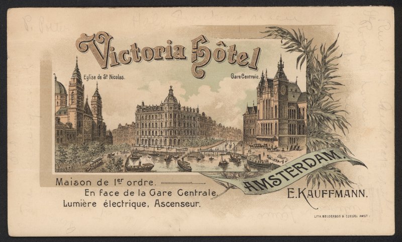 Victoria Hotel, Amsterdam (färgad gravyr) av European School