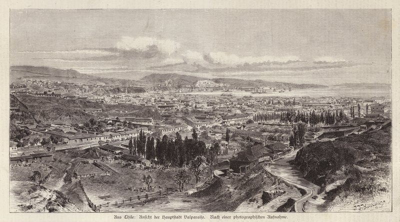 Utsikt över Valparaiso, Chile (gravyr) av European School