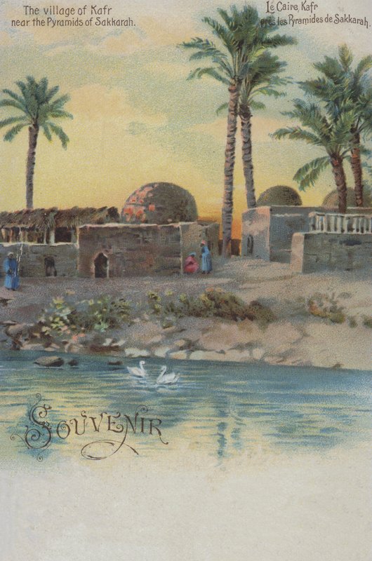 Byn Kafr nära pyramiderna i Saqqara, Egypten (chromolitho) av European School
