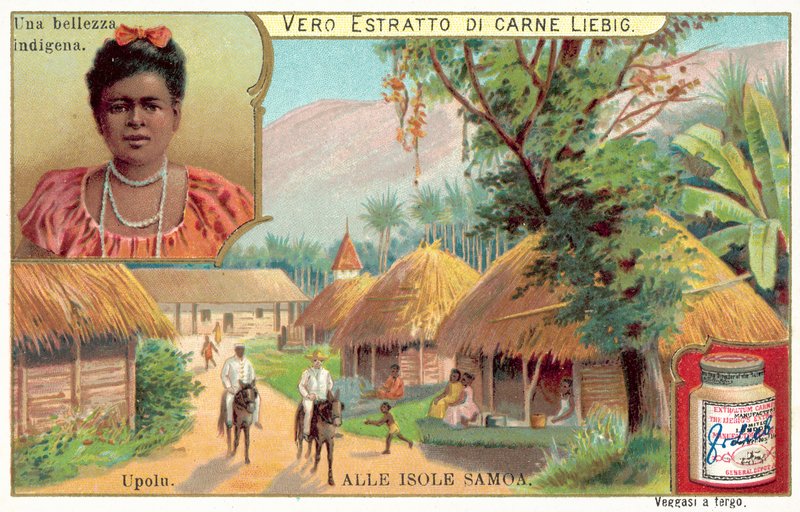 By på ön Upolu, Samoa (chromolitho) av European School