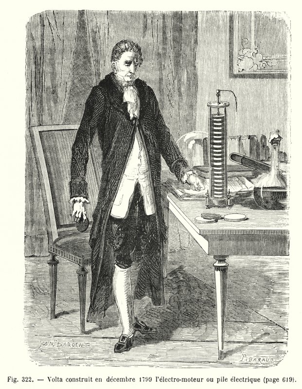 Volta bygger i december 1799 elektromotorn eller elpålen (gravyr) av European School