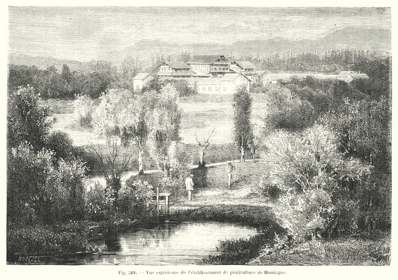 Exteriörvy av fiskodlingen Huningue (gravyr) av European School