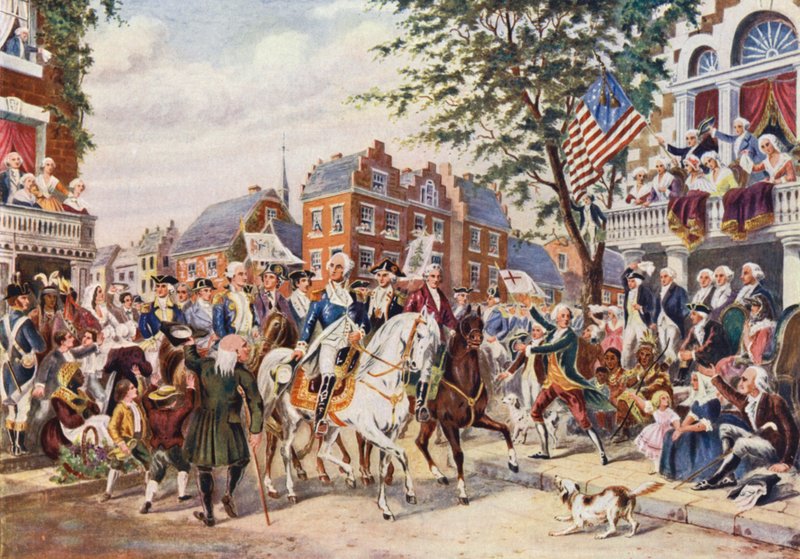 Washingtons intåg i New York (färglitografi) av European School