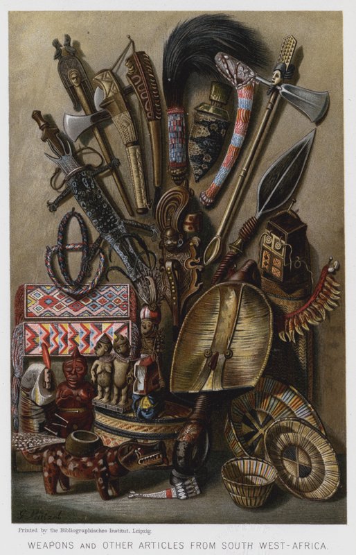 Vapen och andra artiklar från Sydvästra Afrika (chromolitho) av European School