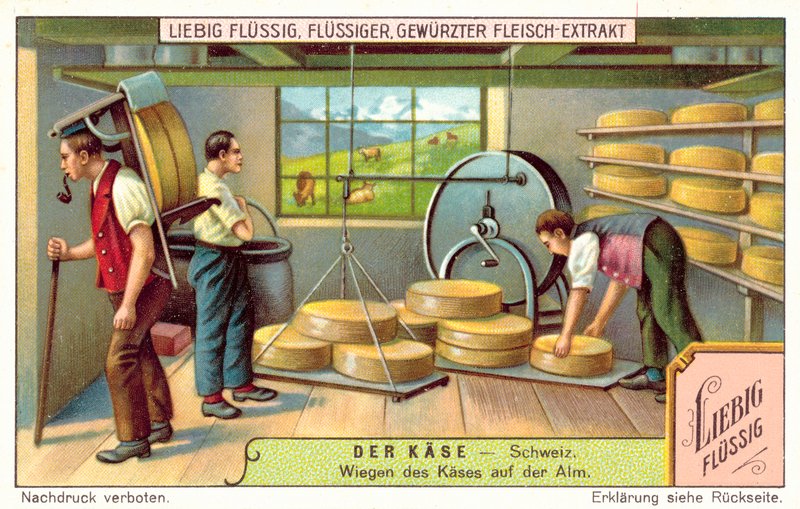 Vägning av schweiziska ostar på ett alpint mejeri (chromolitho) av European School