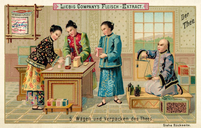 Vägning och packning av te (chromolitho) av European School