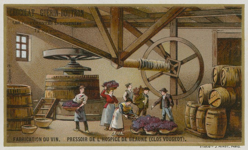 Vintillverkning: vinpress från Hospices de Beaune, Clos de Vougeot, Bourgogne, Frankrike av European School
