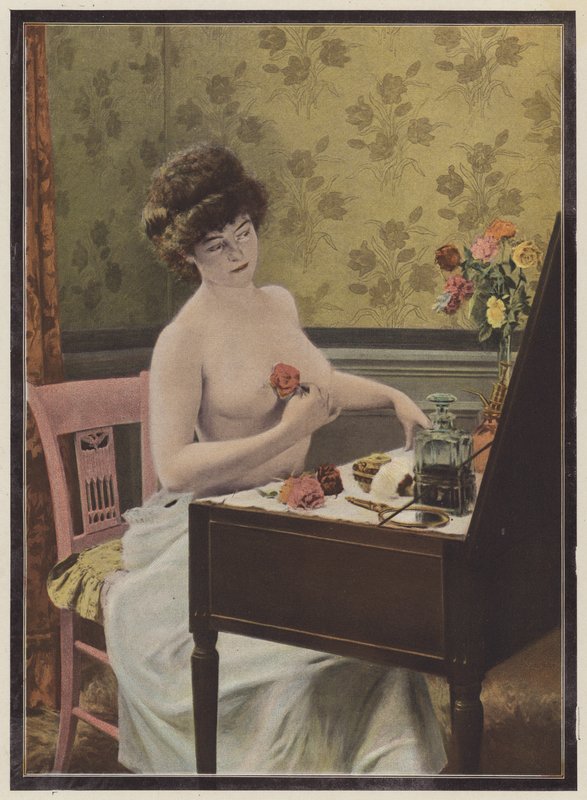 Kvinna framför spegeln (färg litho) av European School