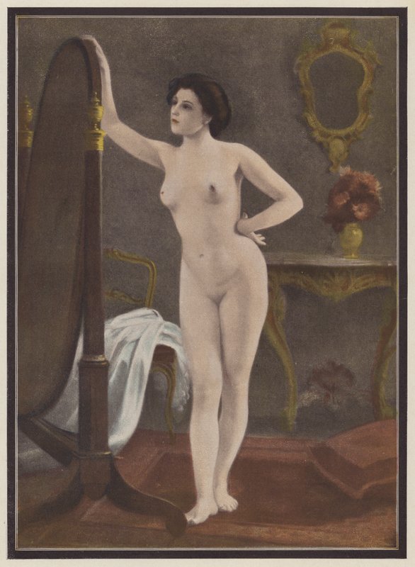 Kvinna framför spegeln (färg litho) av European School