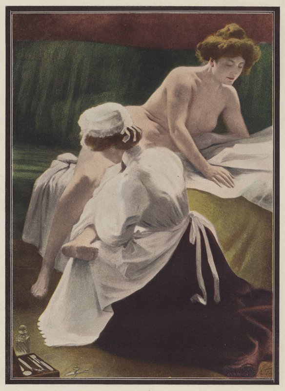 Kvinna som torkas av sin piga (färg litho) av European School
