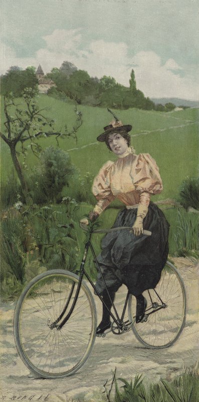 Kvinna som cyklar på en landsväg (färg litho) av European School