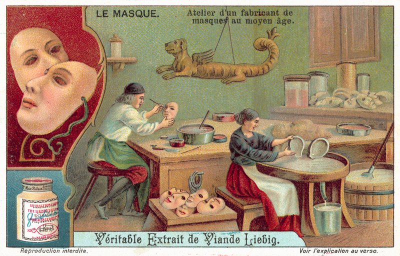 Workshop av en medeltida maskmakare (chromolitho) av European School