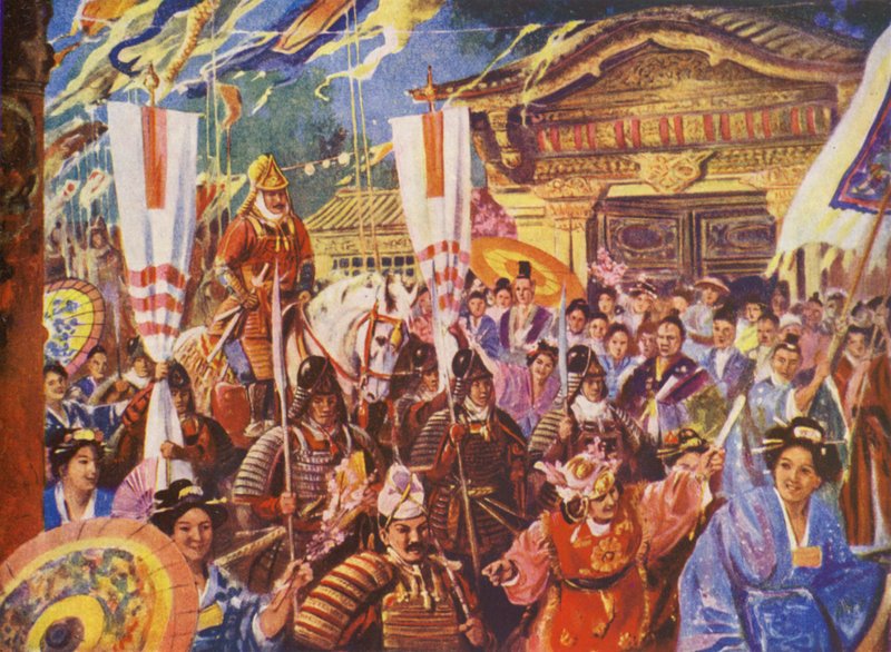 Yoritomo blir shogun, 1192 e.Kr. (färglitografi) av European School