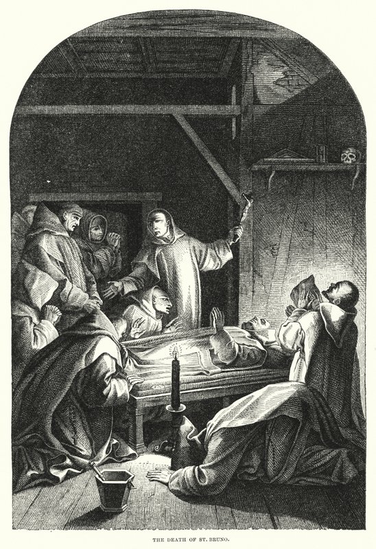 St Brunos död (gravyr) av Eustache (after) Le Sueur