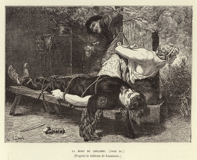 La Mort de Chramme. Chrams död, son till Chlothar I, frankernas kung, 561 (gravyr) av Evariste Vital Luminais