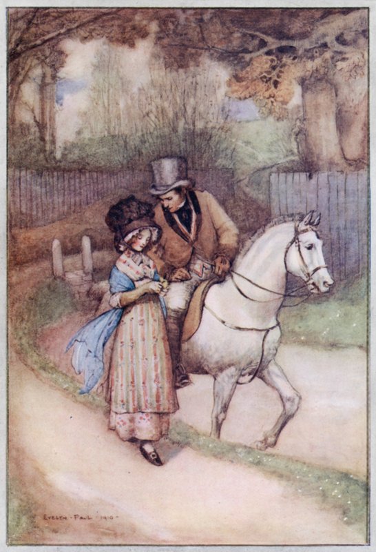 Illustration för Cranford av Mrs Gaskell (färg litho) av Evelyn Paul