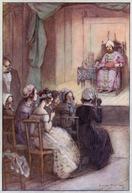 Illustration för Cranford av Mrs Gaskell (färg litho) av Evelyn Paul