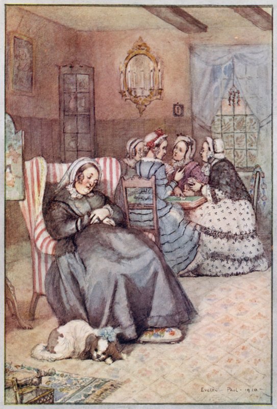 Illustration för Cranford av Mrs Gaskell (färg litho) av Evelyn Paul
