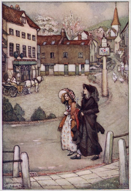 Illustration för Cranford av Mrs Gaskell (färg litho) av Evelyn Paul