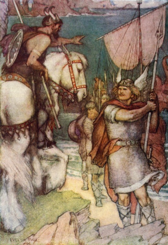 Vakten utmanar Beowulf (färg litho) av Evelyn Paul
