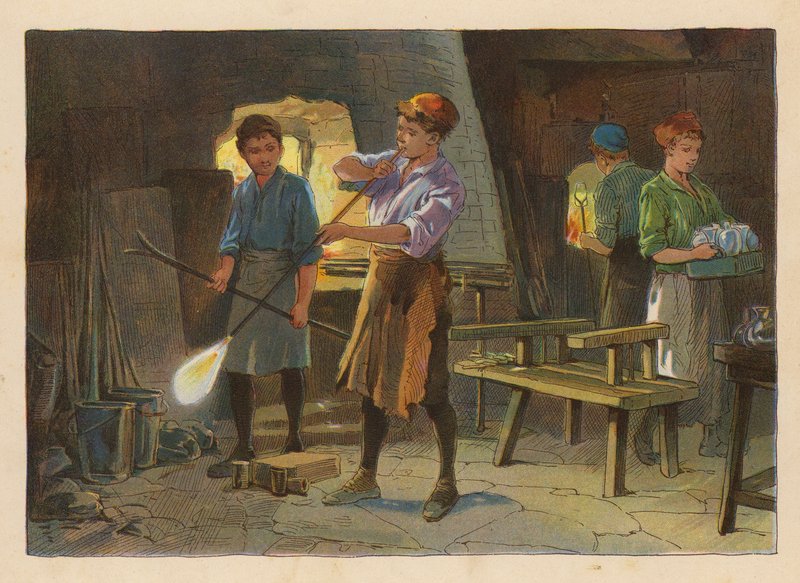 Små arbetare: Glasblåsning (färglitografi) av Evelyn Stuart Hardy