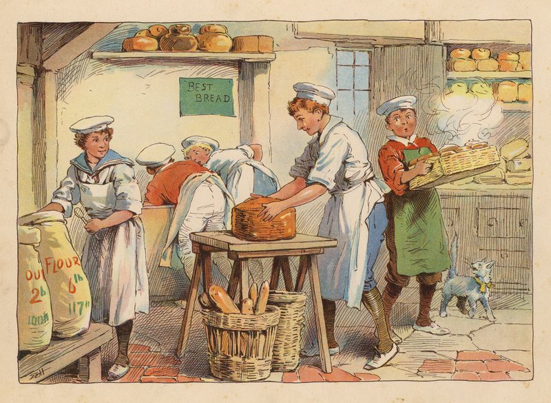 Små arbetare: The Bakers (färglitografi) av Evelyn Stuart Hardy