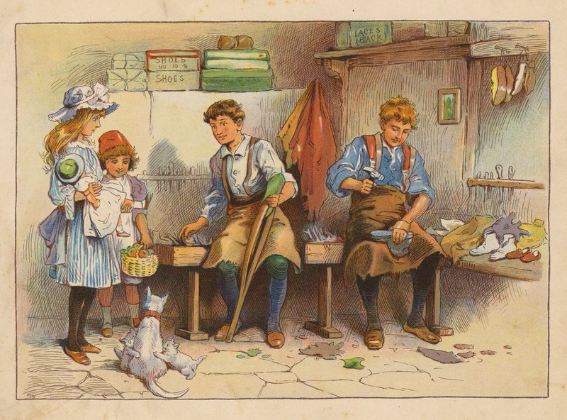 Små arbetare: Sko- och stövelmakaren (färglitografi) av Evelyn Stuart Hardy