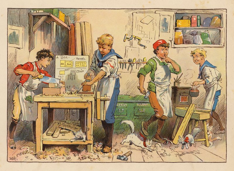 Små arbetare: Snickaren (färglitografi) av Evelyn Stuart Hardy