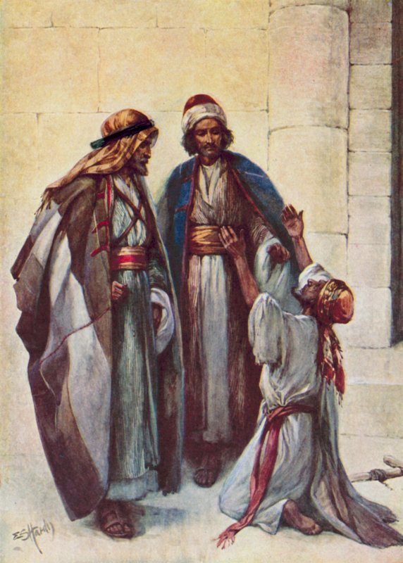 Peter och Johannes och den lame mannen (färg litho) av Evelyn Stuart Hardy