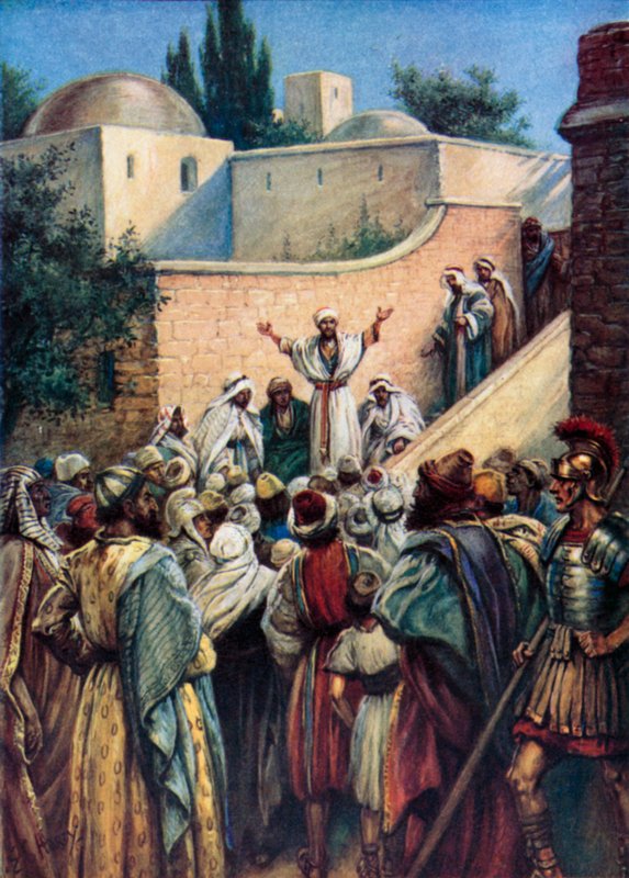 Petrus berättar för dem om Jesus (färg litho) av Evelyn Stuart Hardy