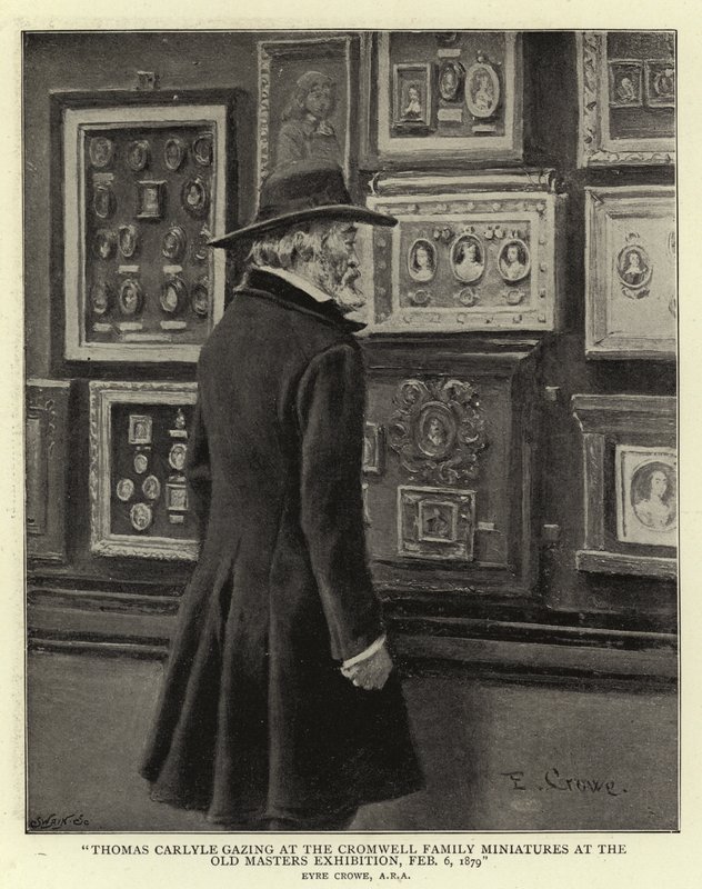 Thomas Carlyle tittar på Cromwellfamiljens miniatyrer på Old Masters Exhibition, 6 februari 1879. av Eyre Crowe