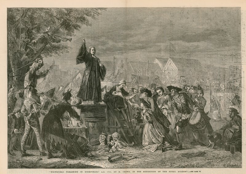 George Whitefield predikar i Moorfields, AD 1742 - i utställningen av Royal Academy (gravyr) av Eyre Crowe