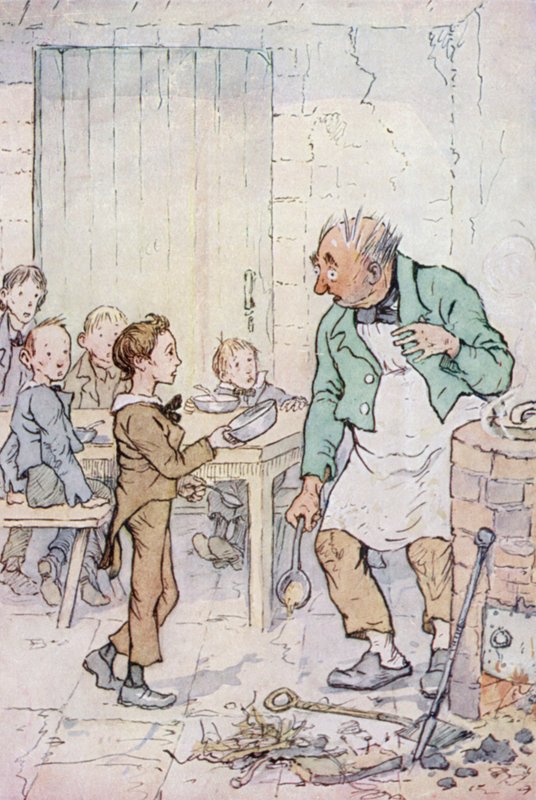 Illustration för Oliver Twist (färg litho) av F. M. B. Blaikie