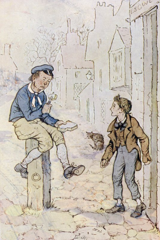 Illustration för Oliver Twist (färg litho) av F. M. B. Blaikie