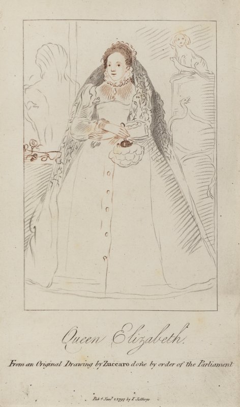 Drottning Elizabeth I (färgad gravyr) av Federico (after) Zuccari or Zuccaro