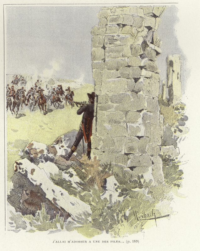 En soldat lutar sig mot en förstörd mur när han siktar på det mötande anfallet av Felicien baron de Myrbach Rheinfeld